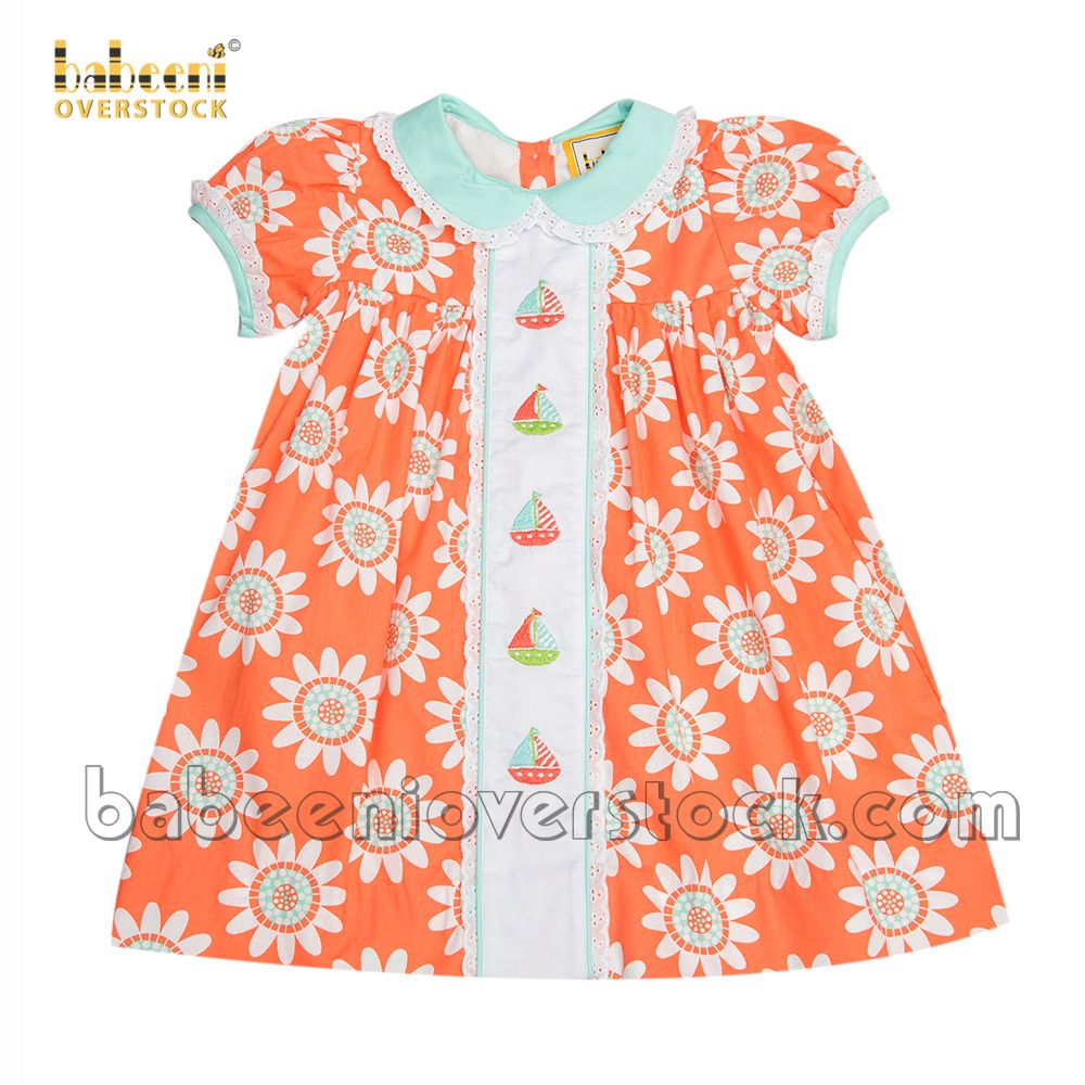 Boats embroidered coral girl dress - BB1801